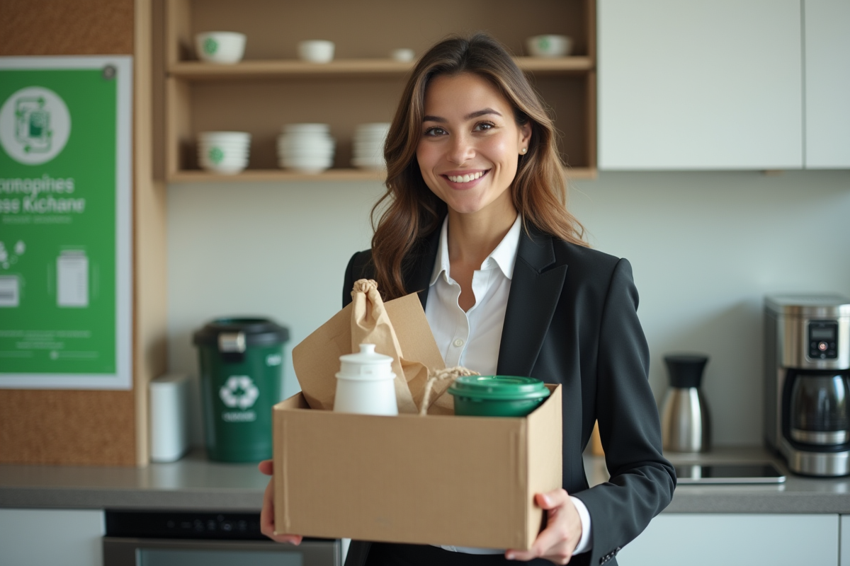 Jeune femme triant des recyclables dans une cuisine moderne