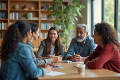 Groupe diversifié de personnes discutant dans un centre communautaire