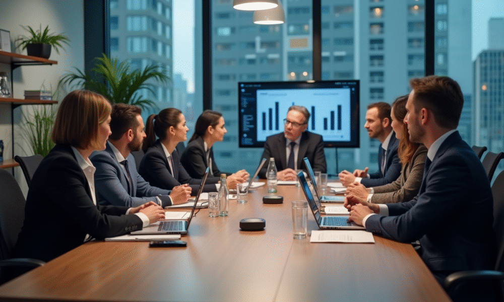 Groupe de professionnels en réunion dans un bureau moderne