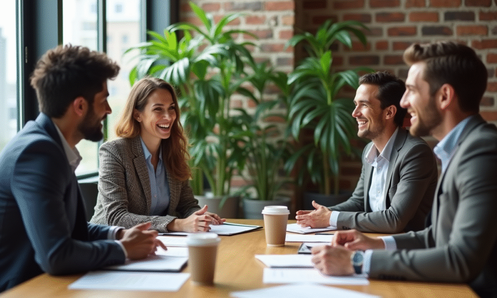 Groupe de professionnels en réunion dans un bureau écologique