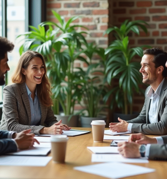Groupe de professionnels en réunion dans un bureau écologique