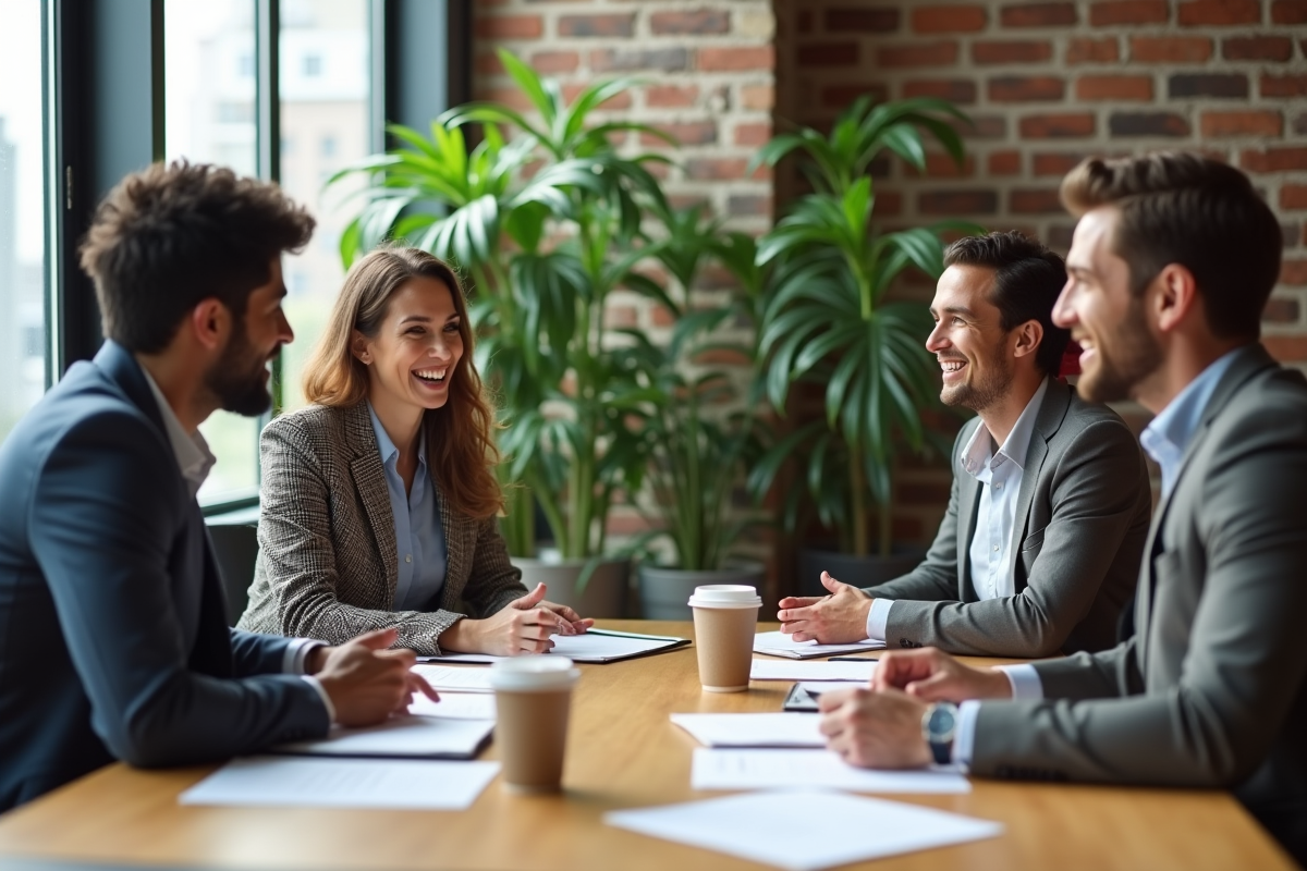 Groupe de professionnels en réunion dans un bureau écologique
