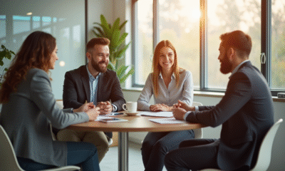 Groupe de jeunes professionnels en discussion dans un bureau lumineux