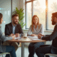 Groupe de jeunes professionnels en discussion dans un bureau lumineux