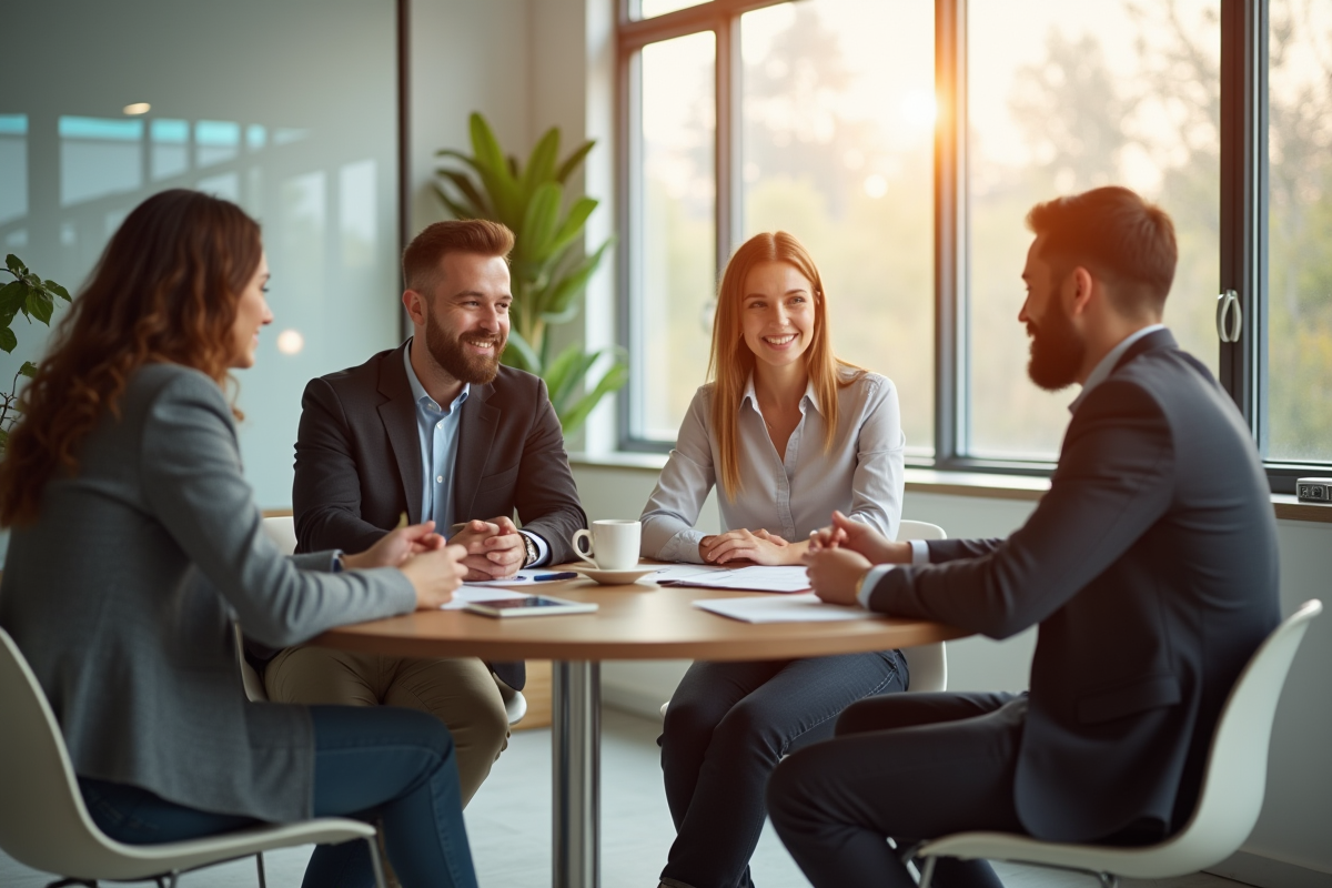 Groupe de jeunes professionnels en discussion dans un bureau lumineux