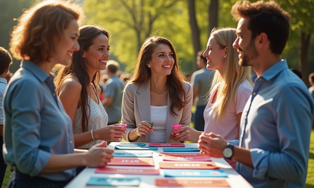 Professionnels divers souriants choisissant des objets personnalisés en extérieur