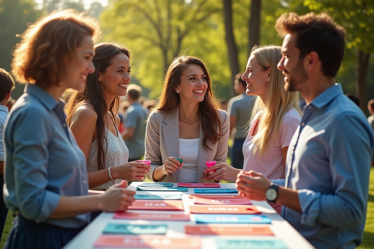 Professionnels divers souriants choisissant des objets personnalisés en extérieur