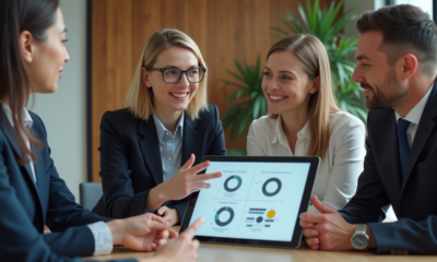 Groupe de professionnels autour d'une tablette pour l'organisation