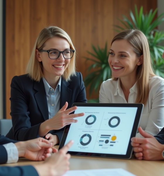 Groupe de professionnels autour d'une tablette pour l'organisation