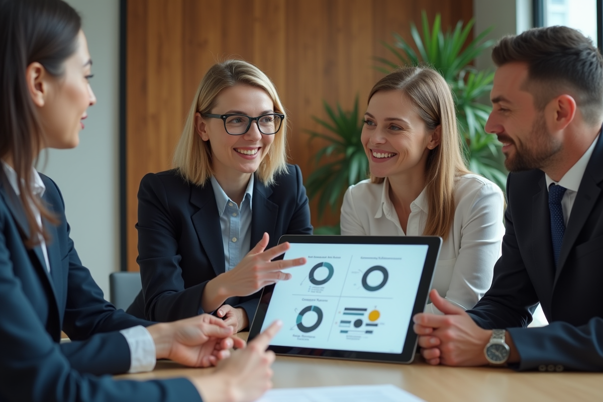 Groupe de professionnels autour d'une tablette pour l'organisation