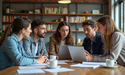 Groupe de jeunes adultes en réunion dans un bureau moderne