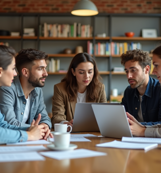 Groupe de jeunes adultes en réunion dans un bureau moderne