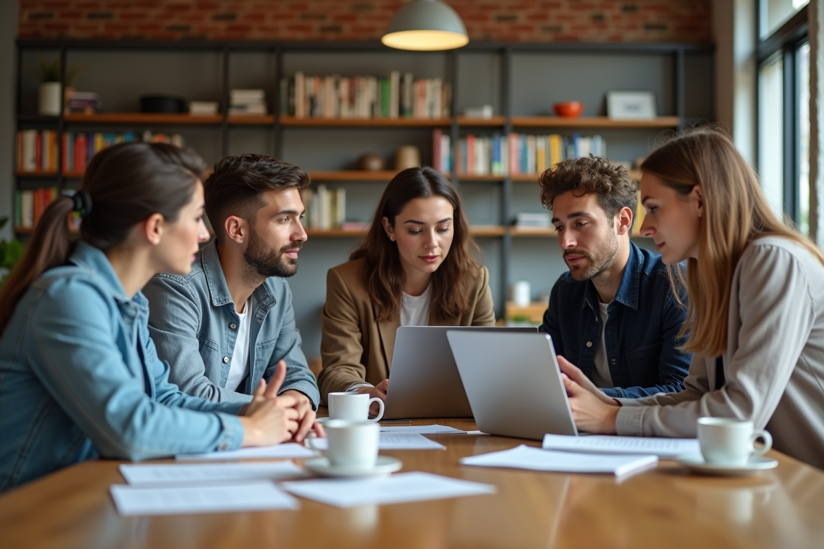 Groupe de jeunes adultes en réunion dans un bureau moderne