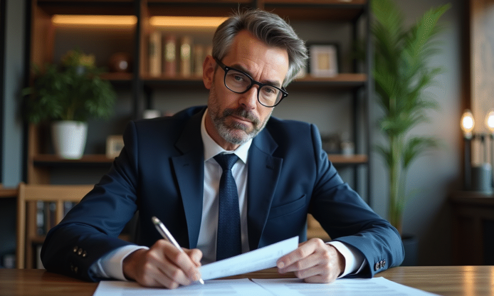 Homme d'affaires en costume navy examine des contrats