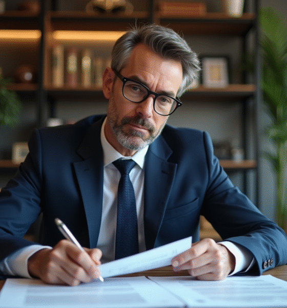 Homme d'affaires en costume navy examine des contrats