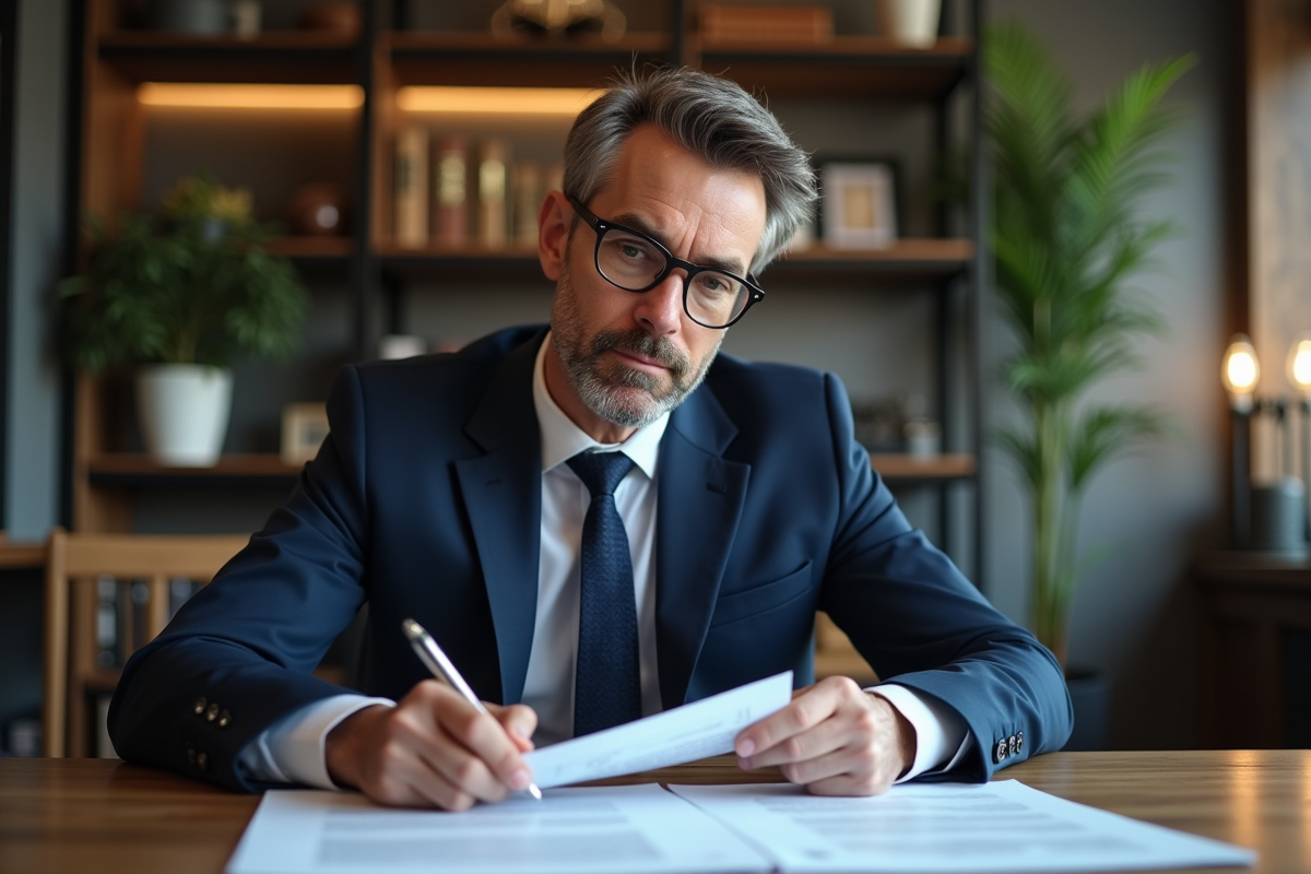 Homme d'affaires en costume navy examine des contrats