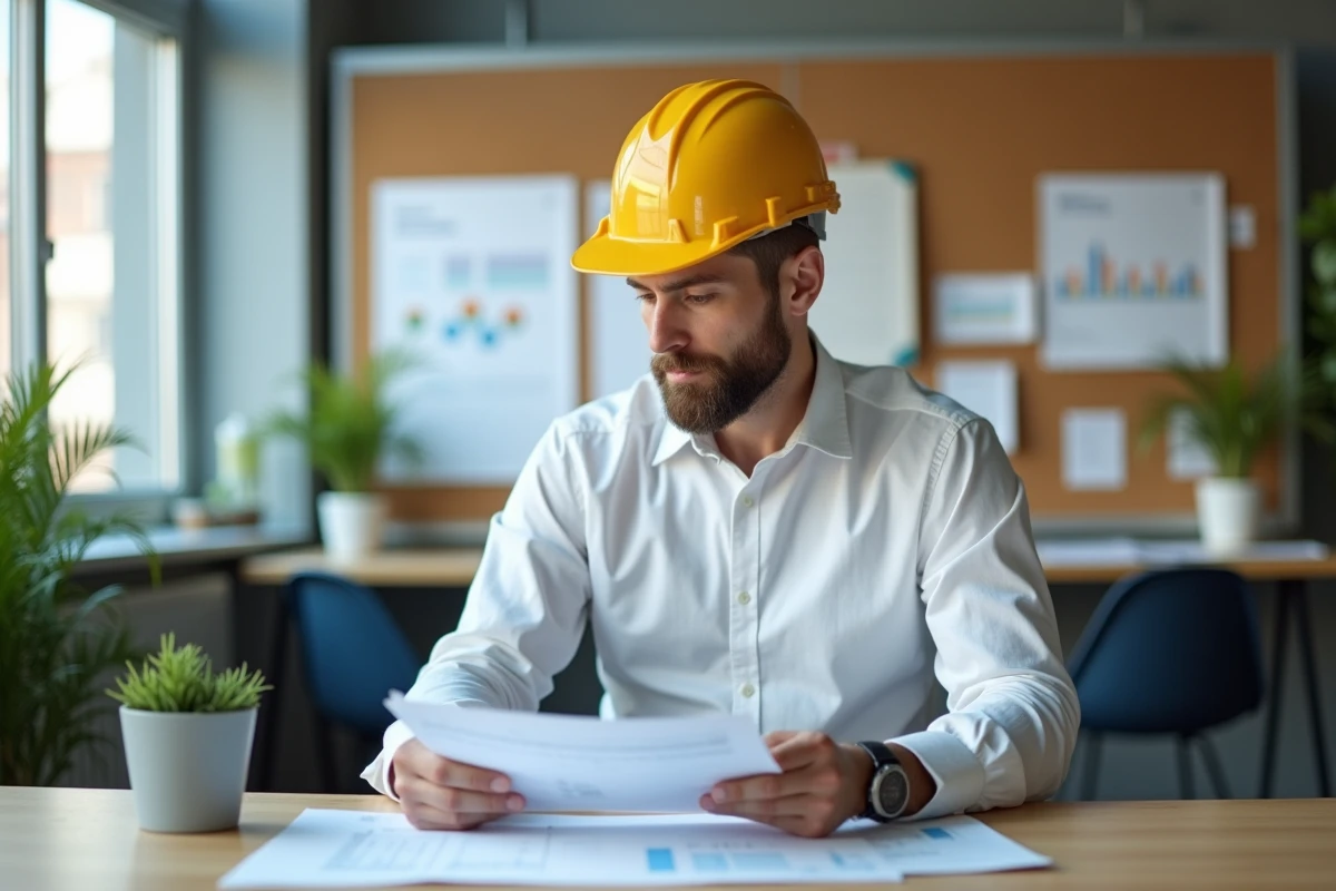 Homme avec casque jaune travaillant à un bureau