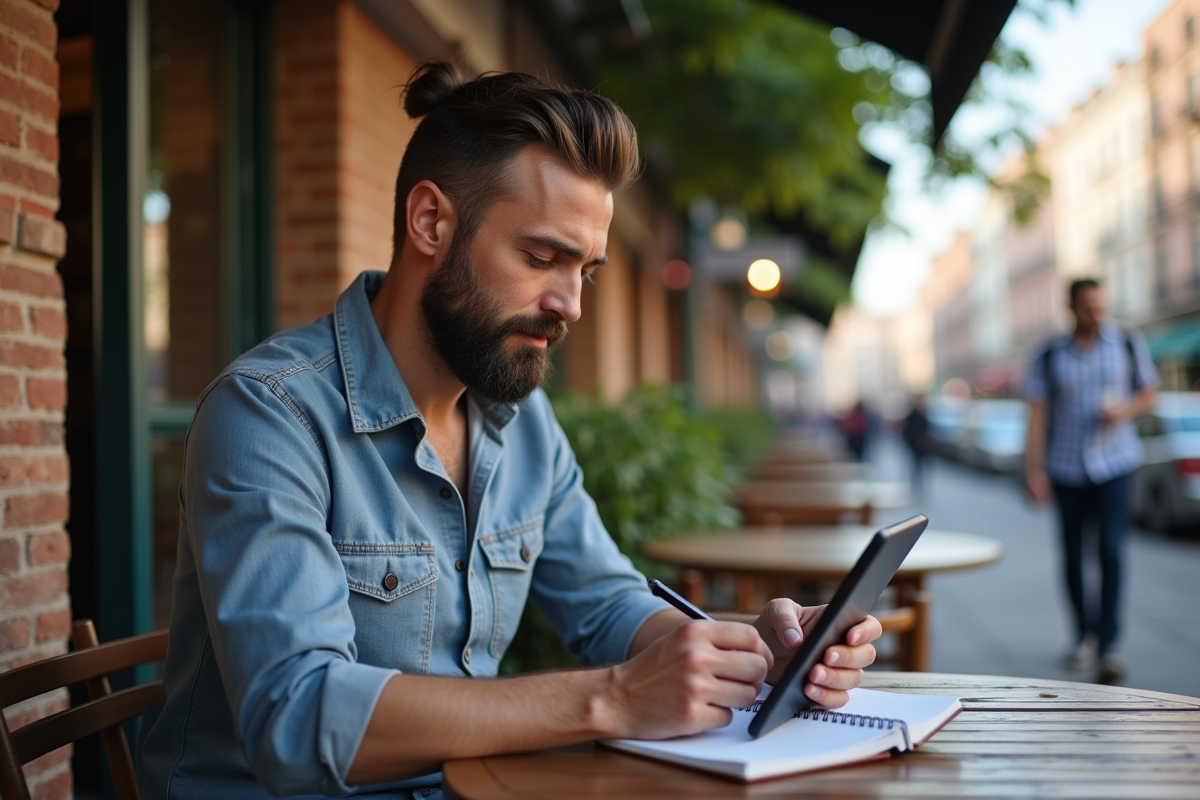 Homme au café utilisant une tablette et prenant des notes