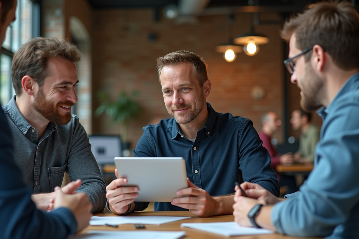 Homme en coworking collaborant avec collègues sur une tablette