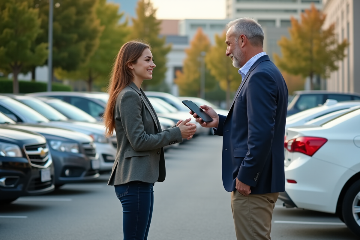Homme d affaires saluant jeune femme dans parking