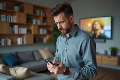 Homme d'âge moyen regardant son smartphone dans un salon moderne