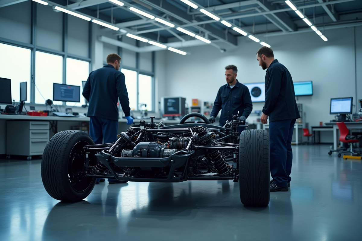 Ingénieurs Tesla travaillant sur un châssis électrique en laboratoire