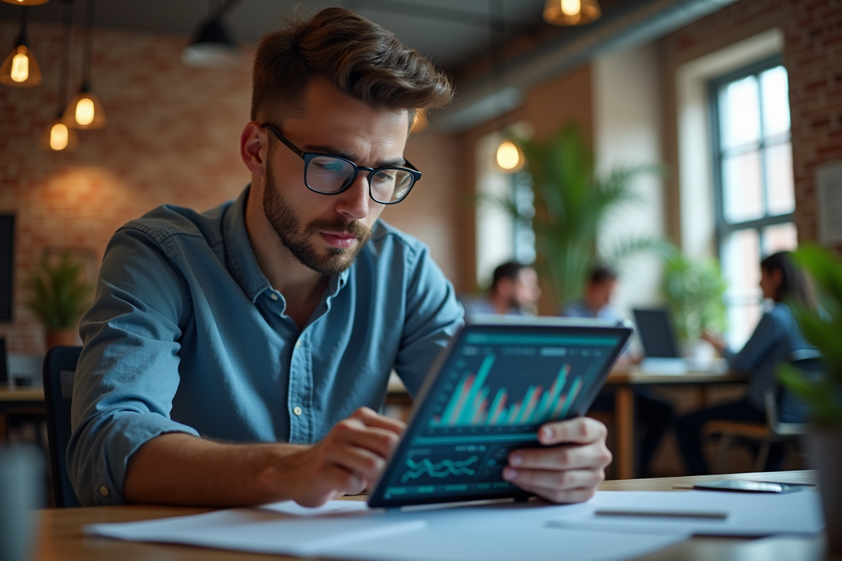 Jeune analyste étudiant des données sur une tablette