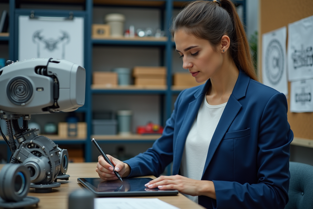 Jeune ingénieure dessinant sur une tablette dans un atelier