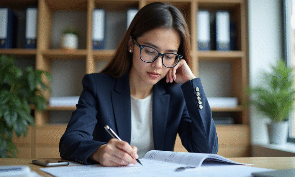 Jeune femme en bureau lisant un rapport annoté avec concentration