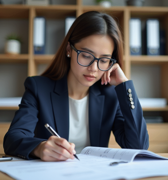 Jeune femme en bureau lisant un rapport annoté avec concentration