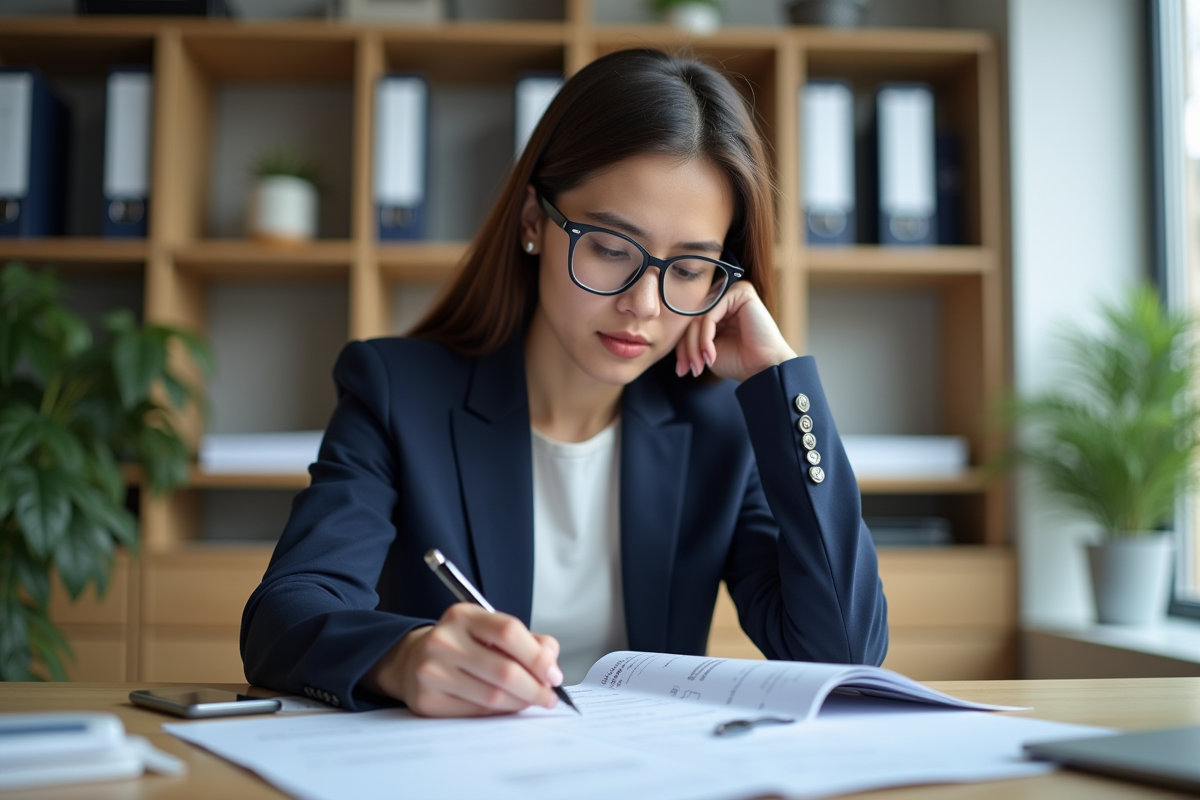 Jeune femme en bureau lisant un rapport annoté avec concentration