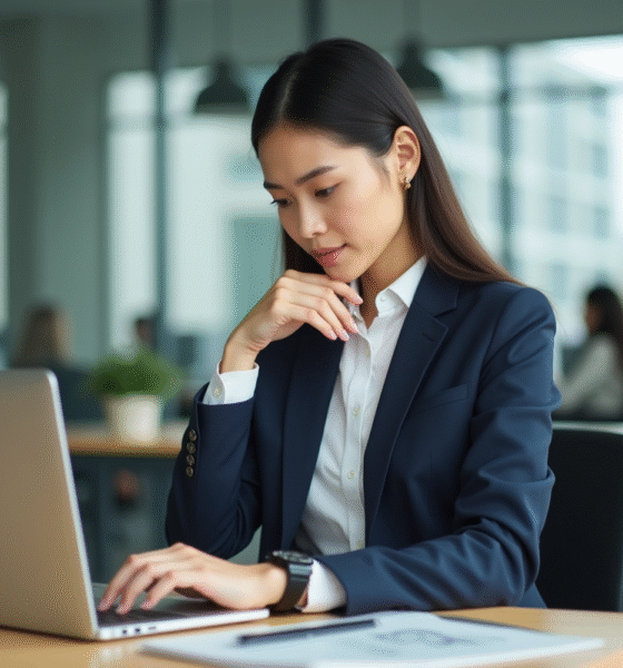 Jeune femme en costume navy vérifiant l'heure au bureau