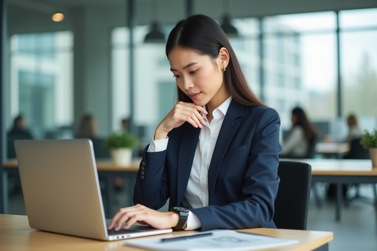 Jeune femme en costume navy vérifiant l'heure au bureau