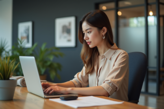 Jeune femme professionnelle travaillant sur un ordinateur dans un bureau moderne