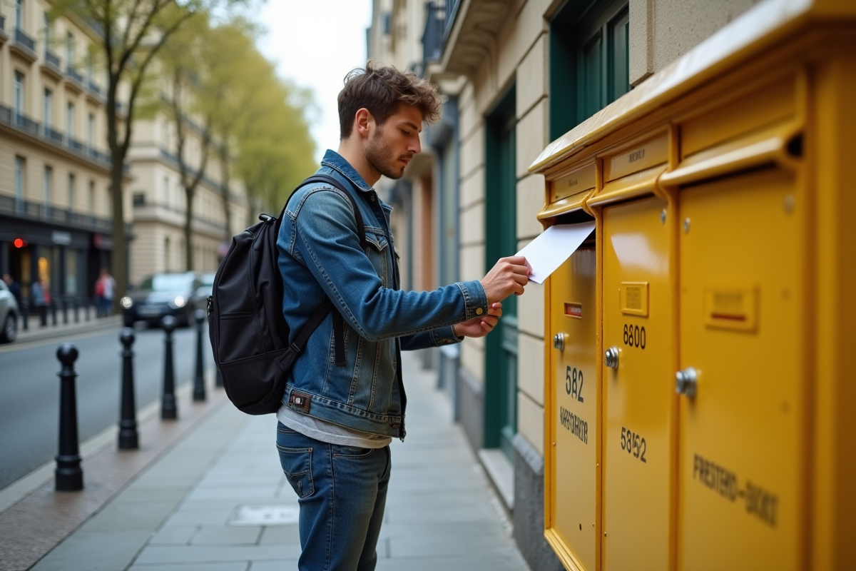 Jeune homme déposant une lettre dans une boîte aux lettres