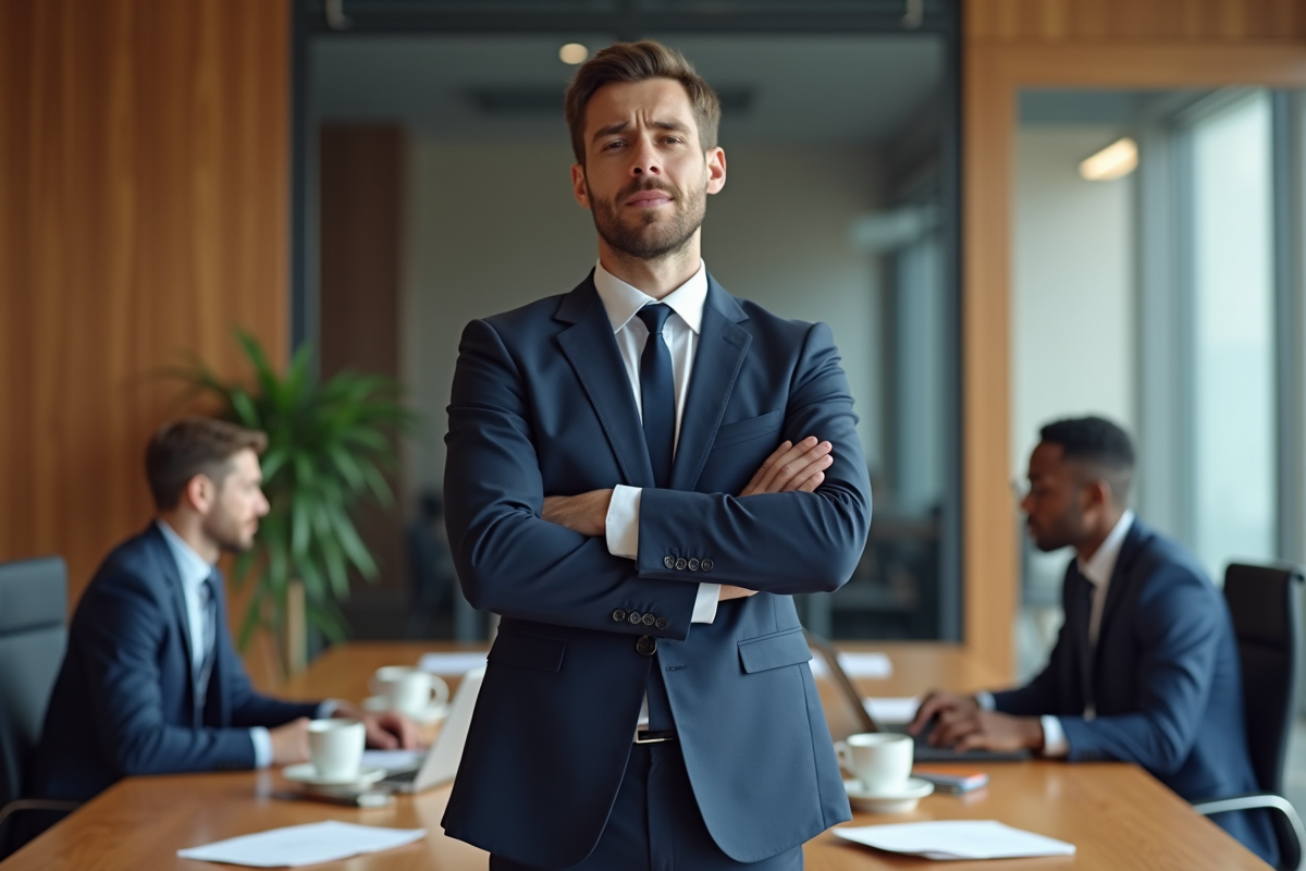 Jeune manager en réunion avec employés inquiets