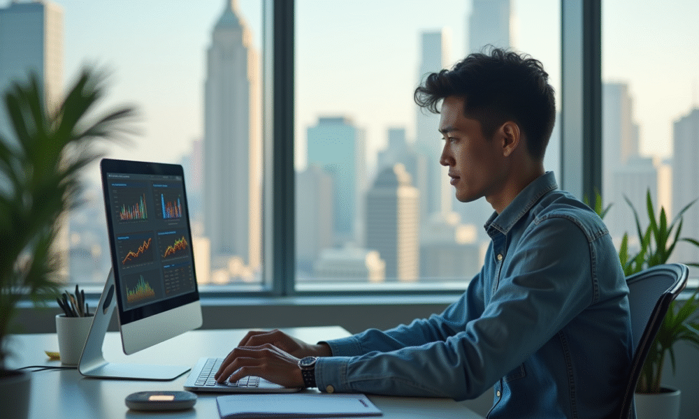 Jeune professionnel travaillant sur un ordinateur avec analytics marketing