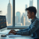 Jeune professionnel travaillant sur un ordinateur avec analytics marketing