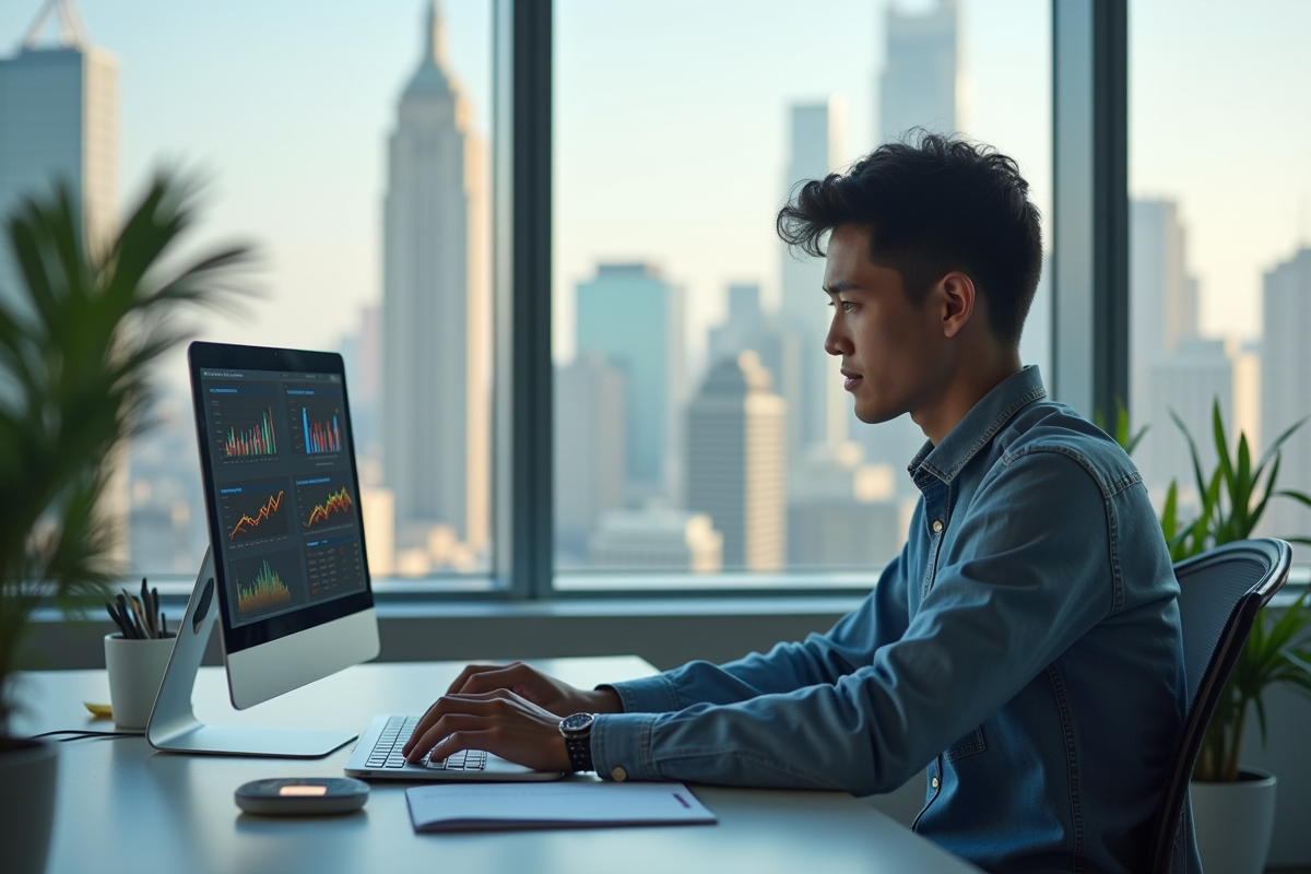 Jeune professionnel travaillant sur un ordinateur avec analytics marketing