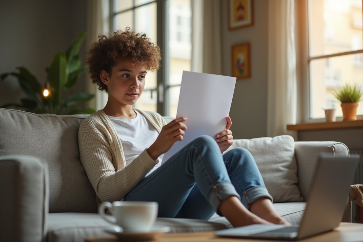 Jeune travaillant à domicile avec un document et un café