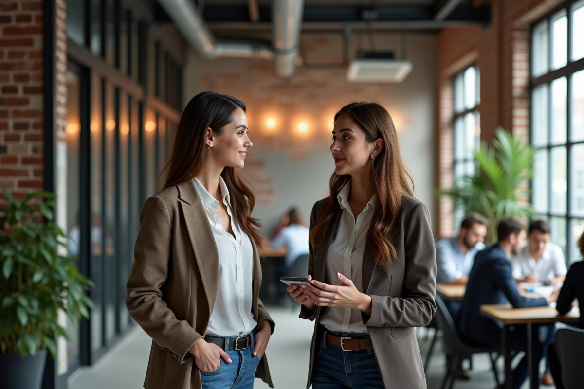 Jeune femme discutant dans un espace de coworking moderne