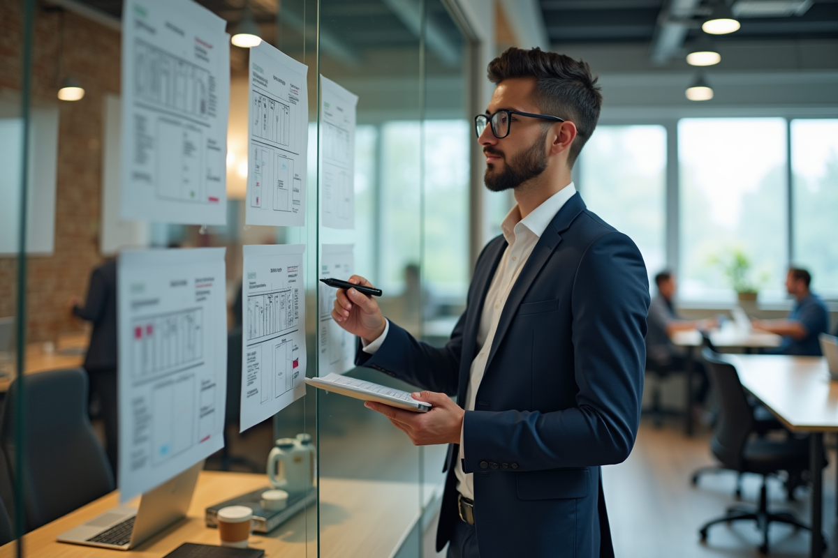 Jeune manager expliquant un diagramme d