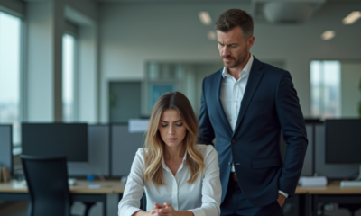 Manager en costume dans un bureau moderne avec employée tendue