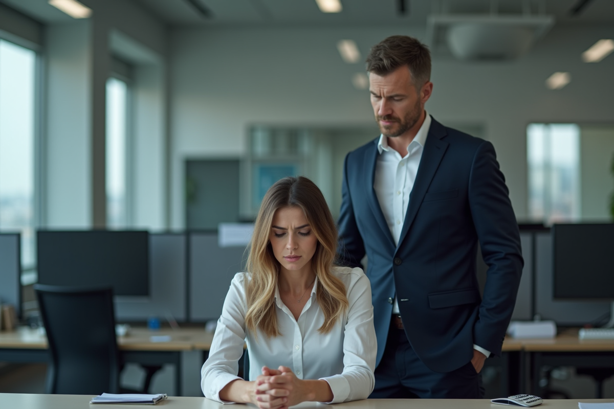 Manager en costume dans un bureau moderne avec employée tendue