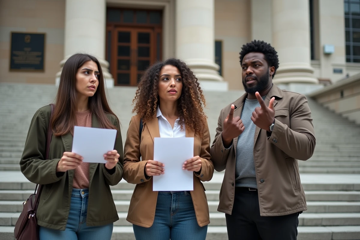 Groupe de personnes exprimant leur mécontentement devant un bâtiment officiel
