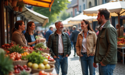 Groupe divers d'adultes au marché en plein air