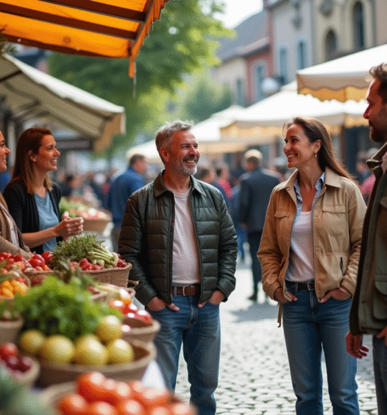 Groupe divers d'adultes au marché en plein air