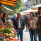 Groupe divers d'adultes au marché en plein air