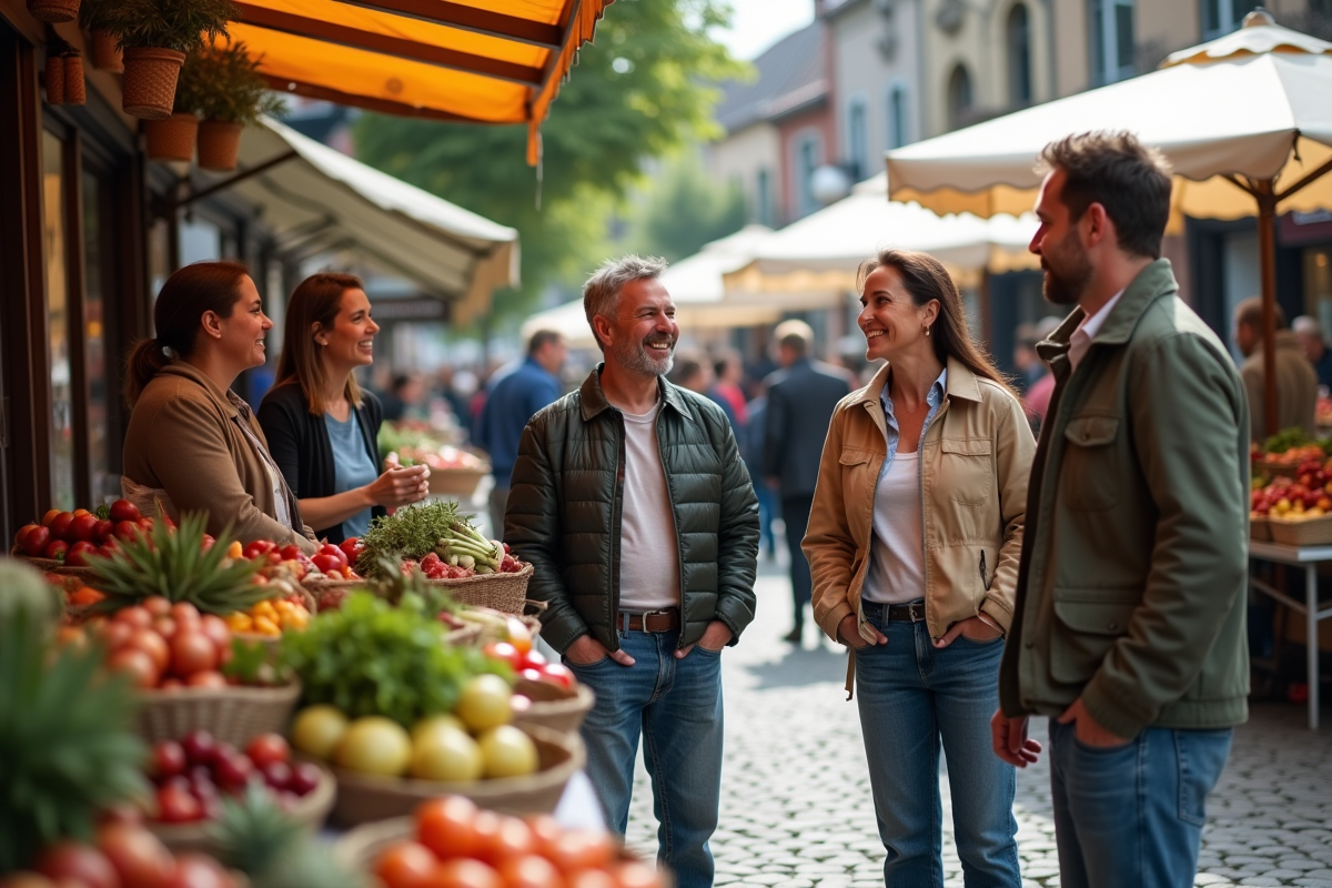 Groupe divers d'adultes au marché en plein air
