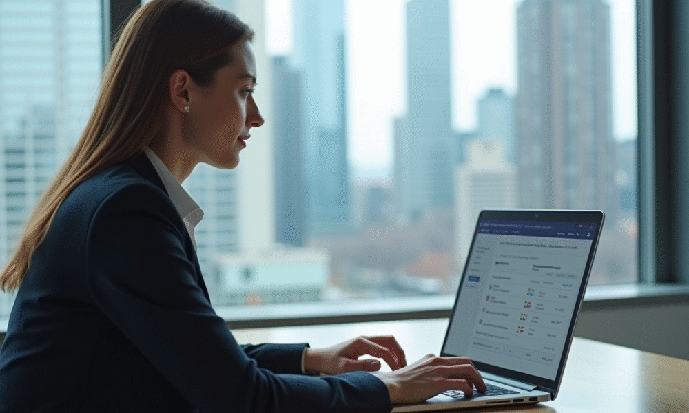 Un professionnel utilisant un ordinateur portable pour consulter des documents officiels au bureau